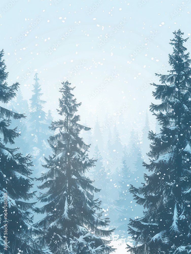Poster tall pine trees create a serene atmosphere in a snow-laden forest, with gentle snowfall adding a mag