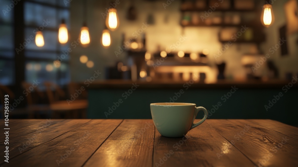 Poster a tranquil setting features a single blue coffee cup on a wooden table in an inviting cafe. the back