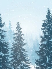 Fototapeta premium Tall pine trees create a serene atmosphere in a snow-laden forest, with gentle snowfall adding a magical touch to the winter landscape. Generative AI