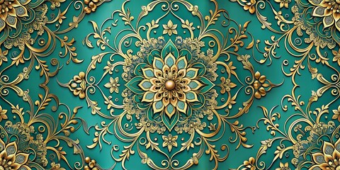 Intricate Golden Floral Mandala on Teal Background, Mandala, Floral Design