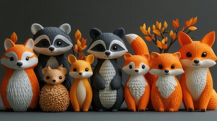 Obraz premium 3d style representation of a diverse set of safari animals, including bears, raccoons, foxes, hares, squirrels, hedgehogs, and deer, each carefully crafted in playful, vibrant colors