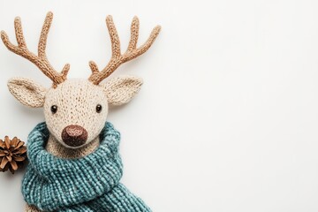 Knitted reindeer with scarf, winter vibe, copy space