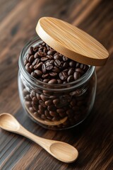 Obraz premium A jar of coffee beans sits on a wooden table with a spoon next to it