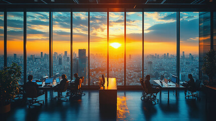 Silhouettes of business people meeting in modern office with panoramic window view of New York city.
