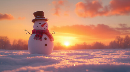 Lonely snowman with hat and scarf during sunset