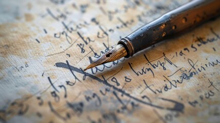 Antique fountain pen is lying on a paper document featuring old german handwriting in the sutterlin style. The image evokes a sense of history and nostalgia