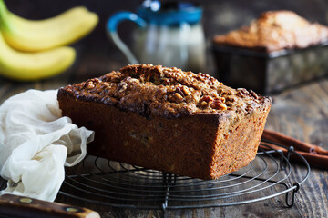 Front side view of a loaf of fresh homemade banana bread