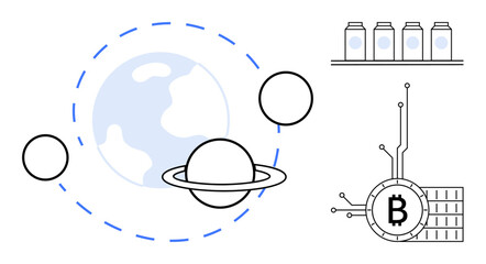 Obraz premium A futuristic space system with planets orbited by rings, shelves with jars on the right, and a digital Bitcoin symbol connected to circuitry. Ideal for technology, finance, cryptocurrency
