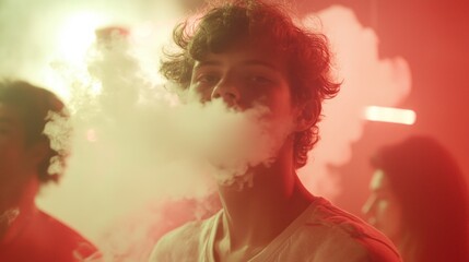 Obraz premium Thought-Provoking Scene at Party: Young Adult Vaping with Concerned Onlookers - Detailed Lifestyle Image