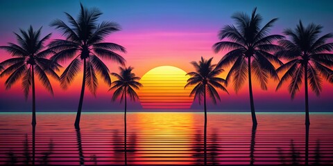 Silhouettes of Palm Trees Against a Vibrant Retro Sunset, Palm Tree Silhouettes, Sunset Photography