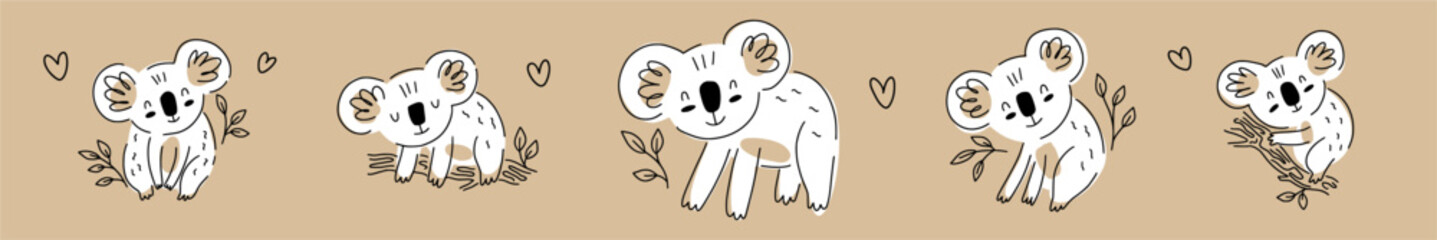 Vector horizontal collection of koalas hand-drawn in doodle style