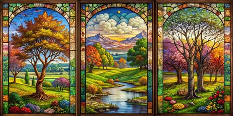 Stained Glass Triptych of Seasons with Trees, Mountains and River, stained glass, seasons, nature