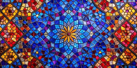 Fototapeta premium Stained Glass Mosaic Pattern with Flower Design, Mosaic, Pattern
