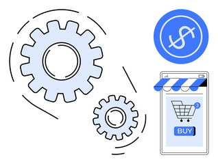 Two gears symbolizing automation with a mobile shopping cart and a currency symbol. Ideal for business interface, digital transactions, online shopping, automation technology, e-commerce platforms