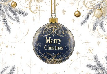 Christmas red ball with golden frame on a white background and hand-drawn Christmas symbols. Greeting card or banner design for a happy new year celebration. 