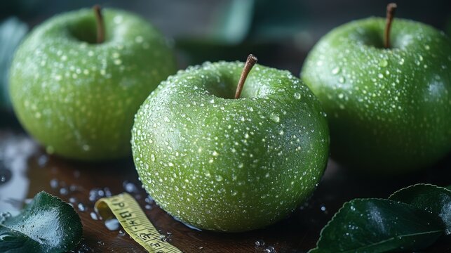 Three Green Apples with Measuring Tape to Indicate Weight for Healthy Eating Activities and Nutrition Awareness