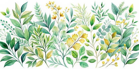 Watercolor Green and Yellow Leaves Floral Arrangement, botanical , illustration