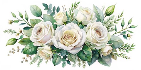 Watercolor White Roses and Greenery Bouquet, floral arrangement, wedding decor, botanical illustration, white rose, greenery, watercolor