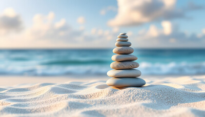 Obraz premium Zen pyramid of spa stones on the blurred sea background. Sand on a beach. Sea shores. Place for text isolated with white highlights, png
