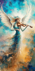 Angelic Woman Playing Violin in a Dreamy Cloudscape, Phone Wallpaper
