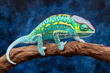Obraz premium Colorful chameleon perched on a branch showcasing vibrant, intricate skin patterns in a natural habitat setting