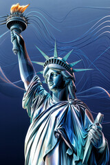 Obraz premium Statue of Liberty with Stylized Background in Blue Tones, Poster 