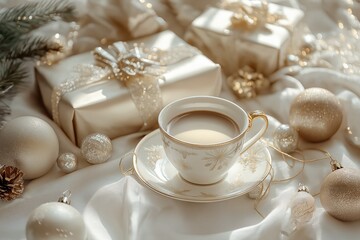 Fototapeta premium Cappuccino with christmas decorations, gift box and pine branches