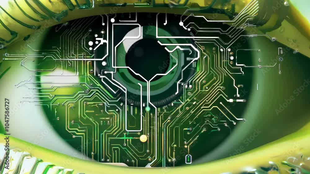 Poster Technology and science concept with cyber eye and circuit board depicting development of artificial intelligence or ai