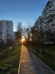 A quiet urban sunset casts a warm glow down a narrow pathway lined with trees and high-rise buildings, capturing a serene moment amidst the city’s resilience.