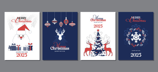 Merry Christmas and Happy New Year greeting cards collection on white and blue background