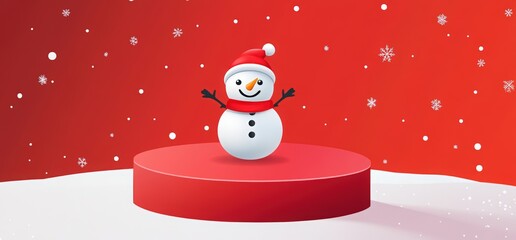 Christmas background with a podium for product presentation, with a cute snowman, and gift boxes on clouds, with the lettering "Merry Christmas".