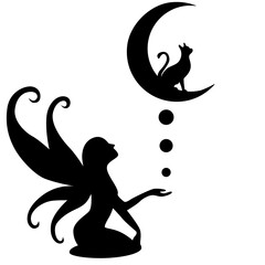 Fairy with cat on the crescent