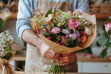 Male florist wrapping in craft paper bouquet of spring flowers in flower shop