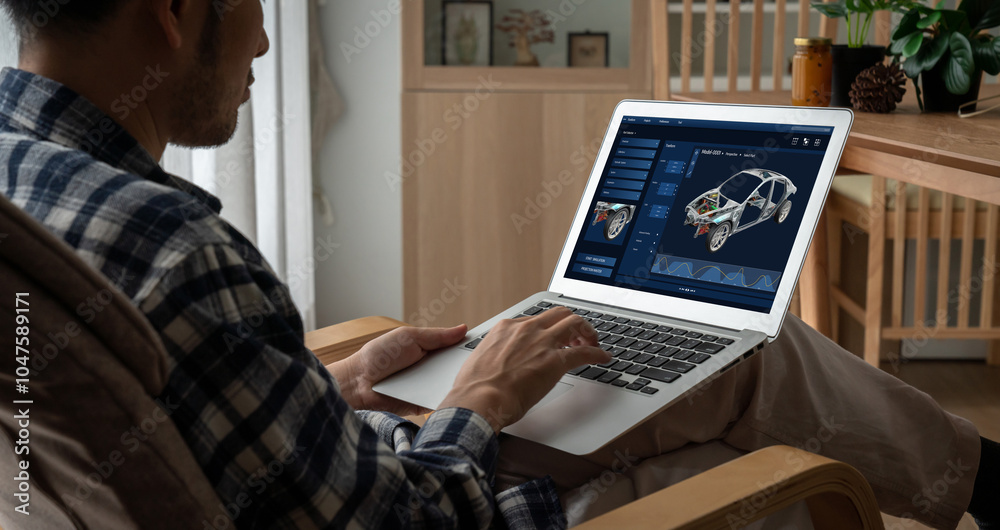 Poster electric car design software on computer screen showing simulation blueprint snugly by digital calcu