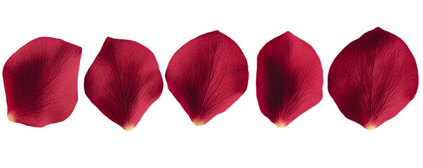 Five red rose petals arranged on a white isolated background. transparent background