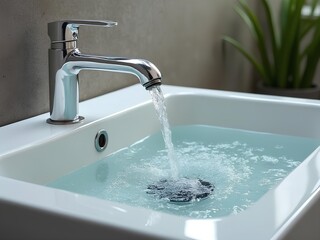 Water tap is turned on and water is filling up the basin