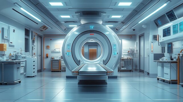 advanced medical imaging machine for mri or ct scans prominently displayed in a hospital lab, designed as a wide banner with ample copy space for informative content