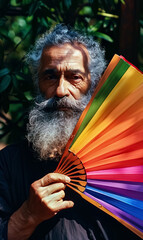 Fototapeta premium senior gay man with colorful rainbow sign fan, lgbt equality and human rights concept, older homosexual stylish male with wise gaze