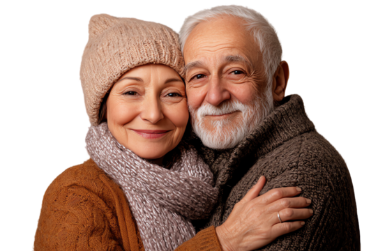 Elderly couple smiling warmly, cozy winter attire, isolated background. transparent background