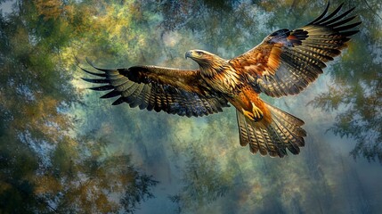 Fototapeta premium A majestic eagle soars through the sky with its wings outstretched, its sharp eyes focused on its prey.