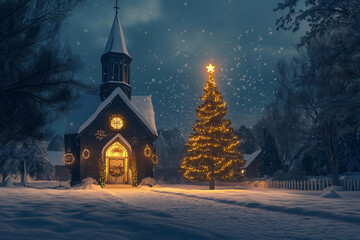 Small snow covered country church with a glowing Christmas tree in the yard at night during a snowstorm