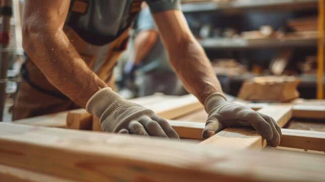A group of carpenters constructing the wooden frames for storefront displays and shelves inside the shops.
