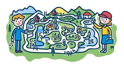 Fototapeta premium Colorful Illustrated Landscape Map with Characters