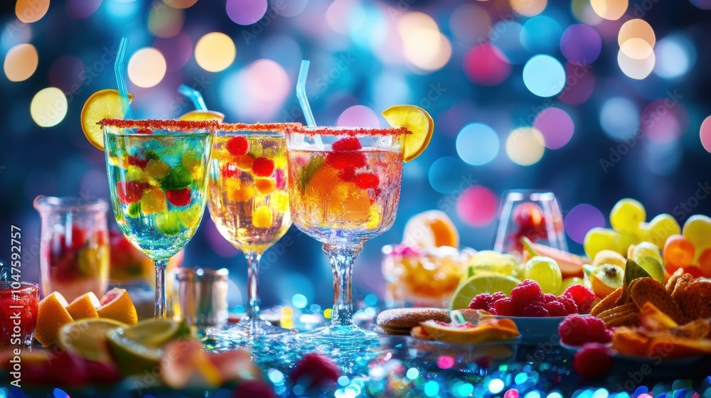 Aufkleber festive cocktails decorated with fruit slices sit on a table alongside a variety of snacks, creating