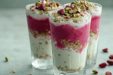healthy pistachio overnight oats layered with pink fruit puree and topped with nuts in clear glasses, ideal for nutritious breakfast option