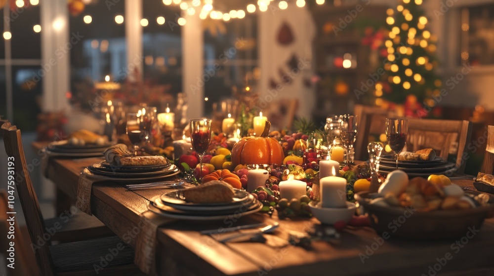 Poster a table is set for a thanksgiving dinner with a variety of food and drinks