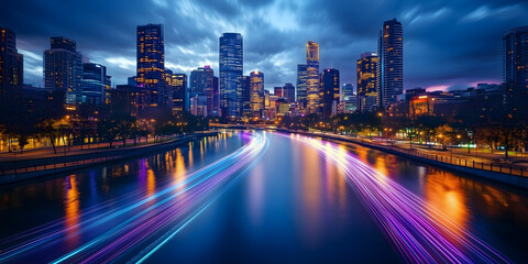Fototapeta premium Neon Glow: Vibrant City Skyline with Skyscrapers, Light Trails, and River Reflections