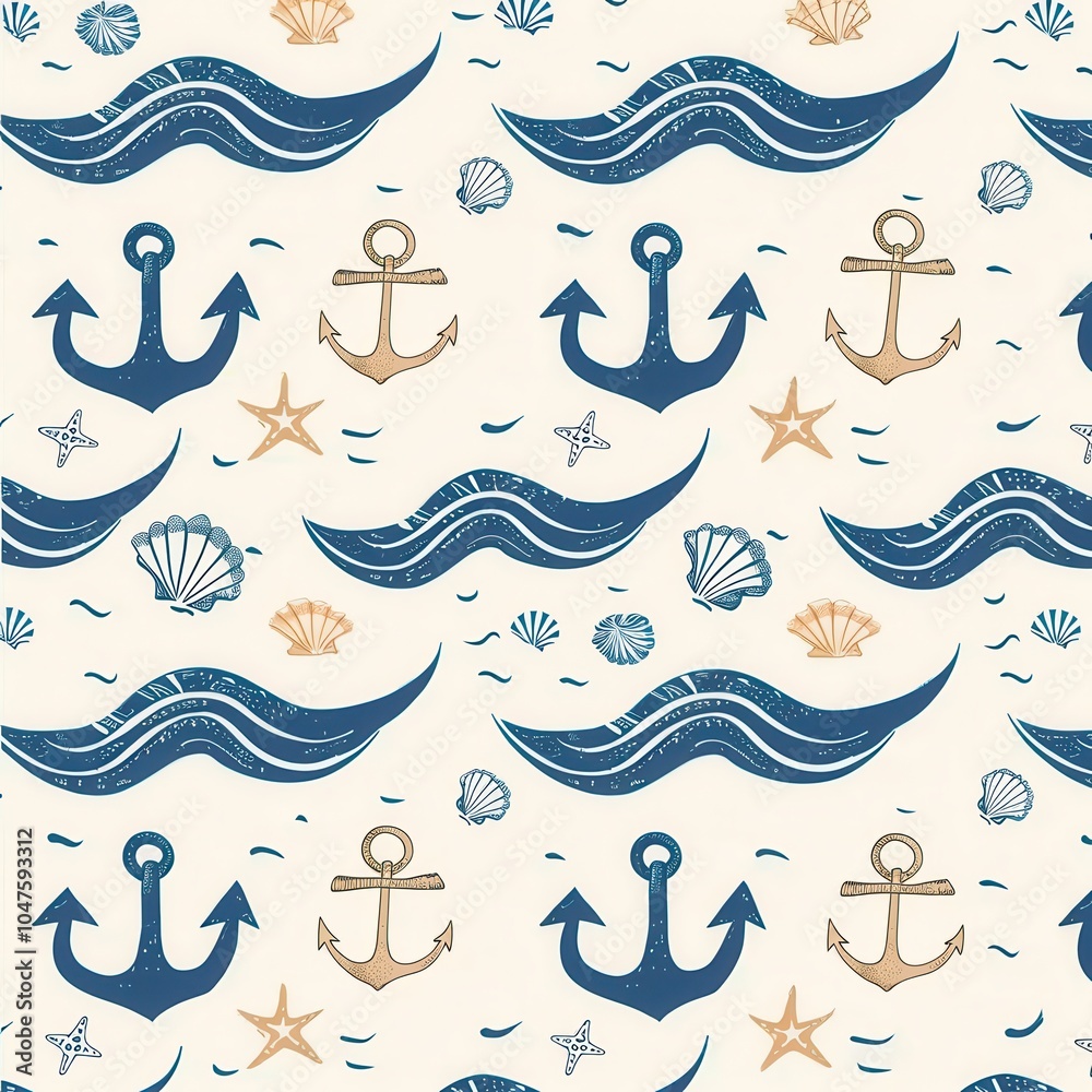 Poster This design showcases a delightful nautical pattern with waves, anchors, seashells, and star motifs in soft colors, perfect for seaside themes. Generative AI
