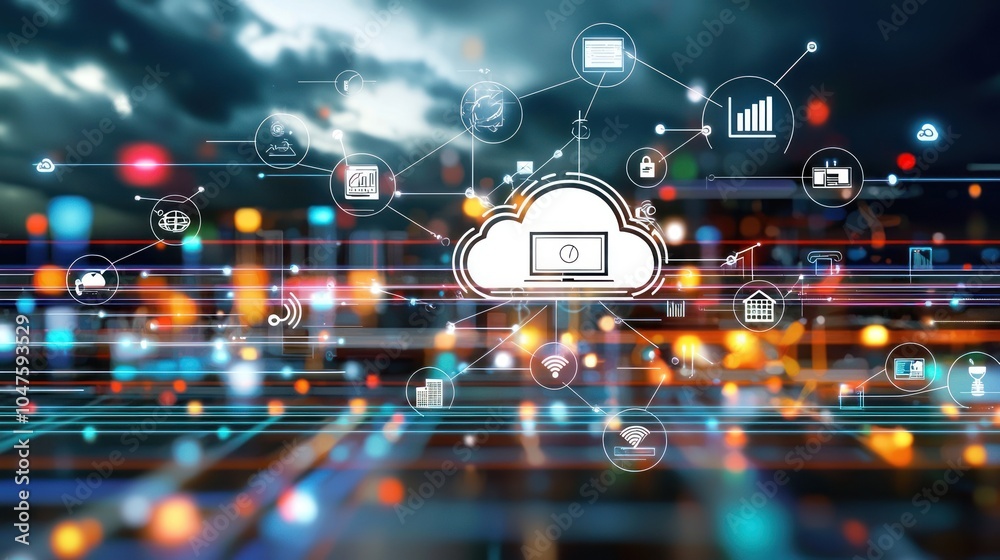Poster Cloud Computing Network with Laptop and Icons Over a City Lights Background