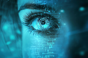Modern cyber woman with technology eye looking